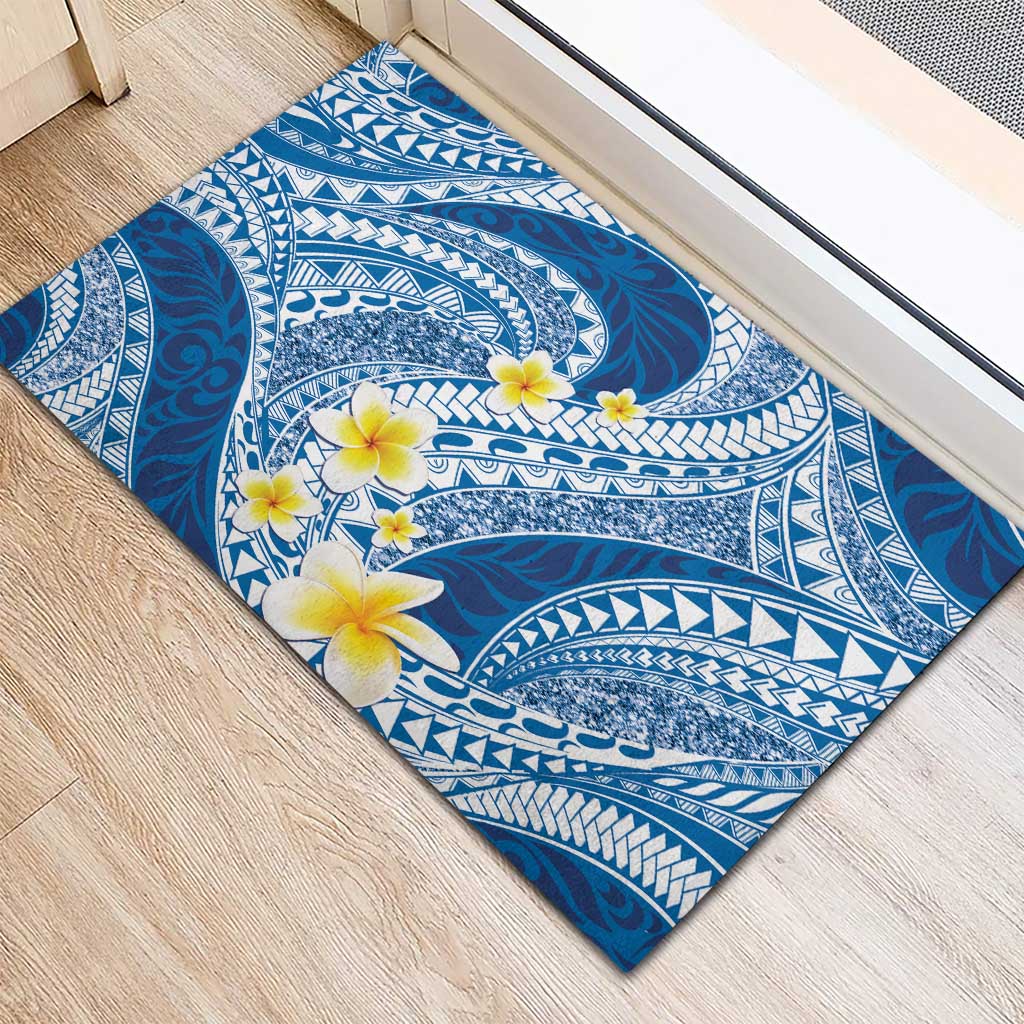 Plumeria Polynesian Blue Glitter Pattern Rubber Doormat