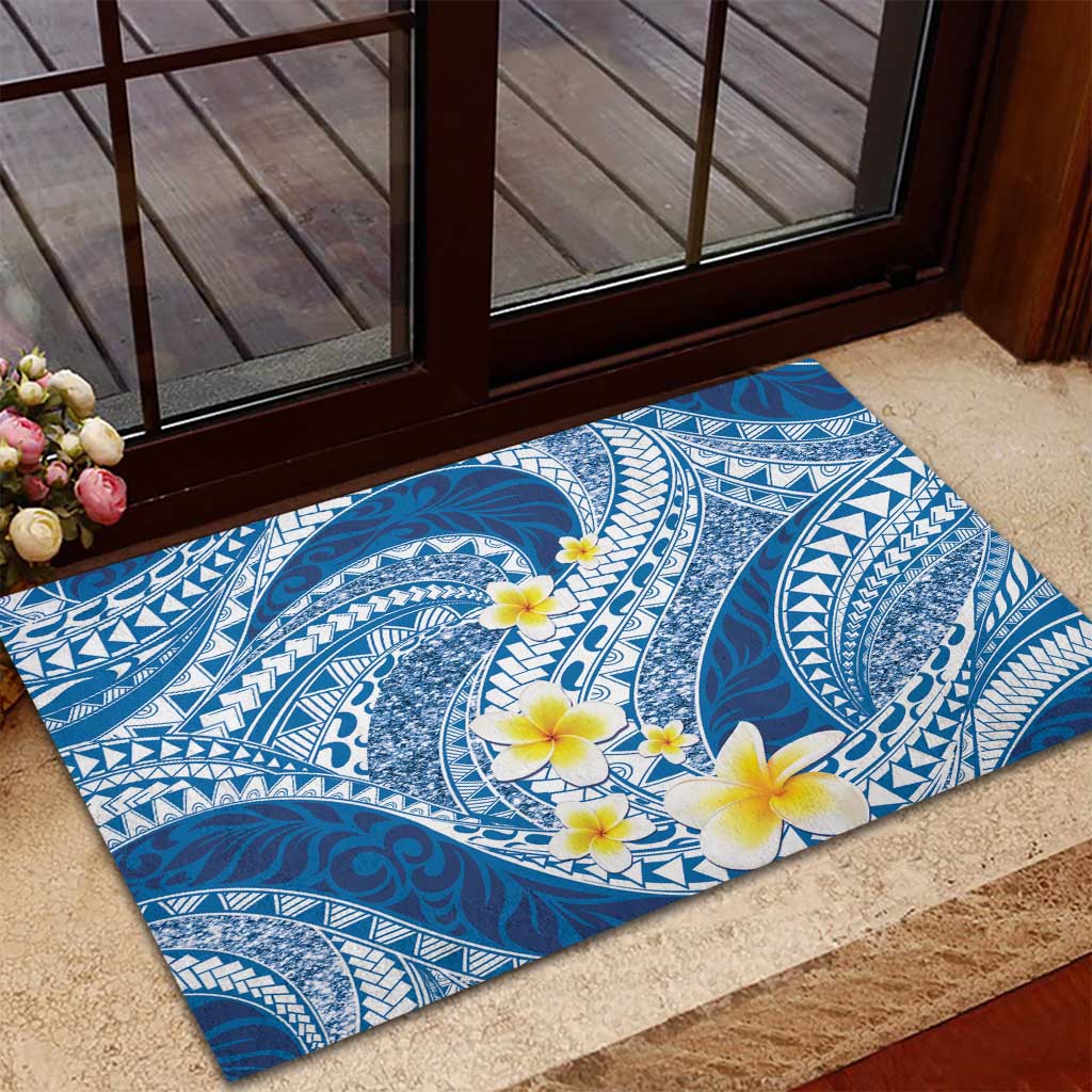 Plumeria Polynesian Blue Glitter Pattern Rubber Doormat