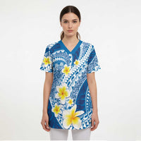 Plumeria Polynesian Blue Glitter Pattern Scrub Top LT01 - Polynesian Pride