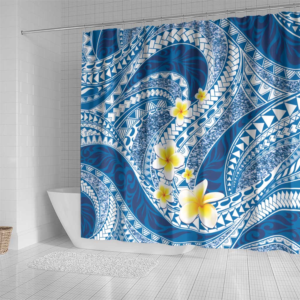 Plumeria Polynesian Blue Glitter Pattern Shower Curtain