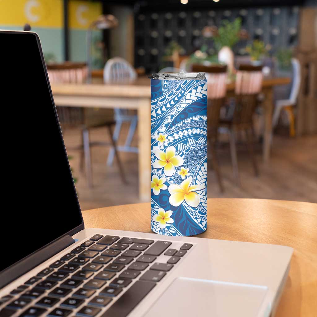 Plumeria Polynesian Blue Glitter Pattern Skinny Tumbler