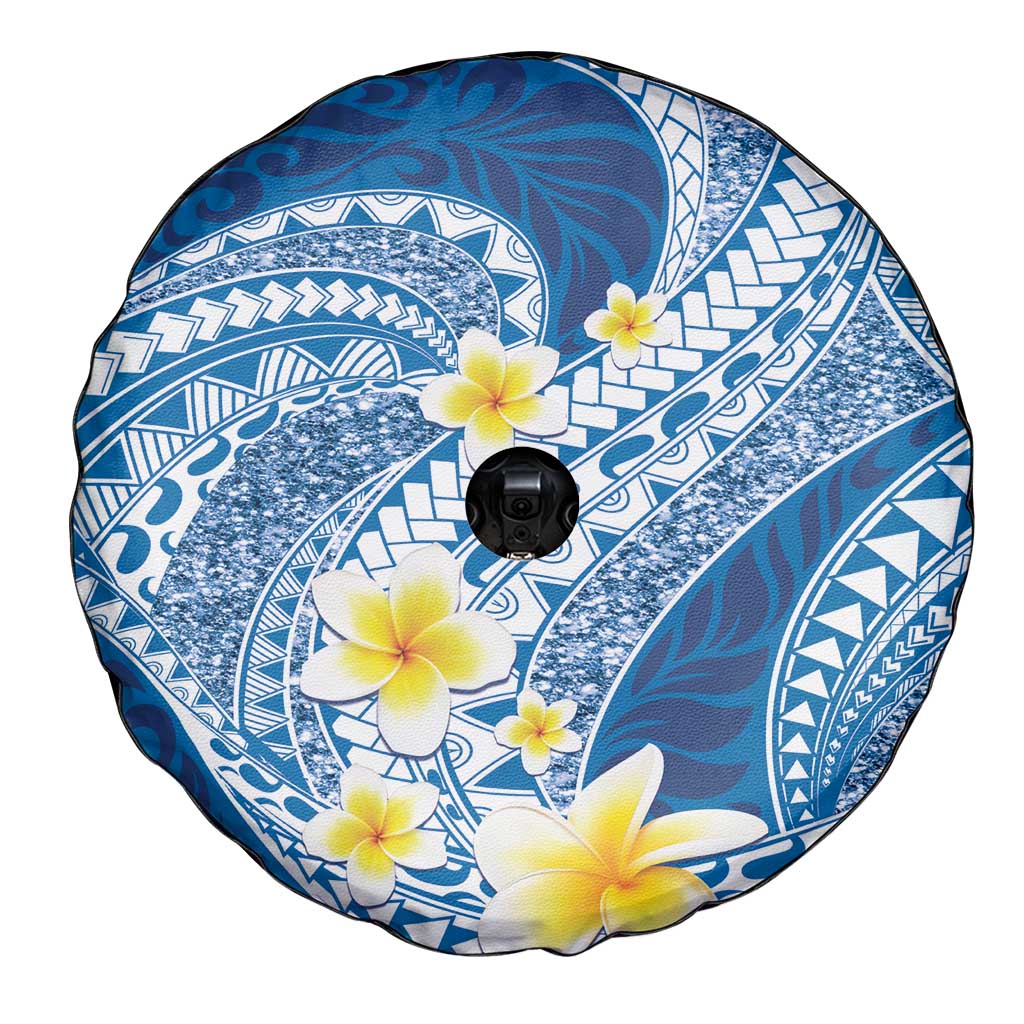Plumeria Polynesian Blue Glitter Pattern Spare Tire Cover