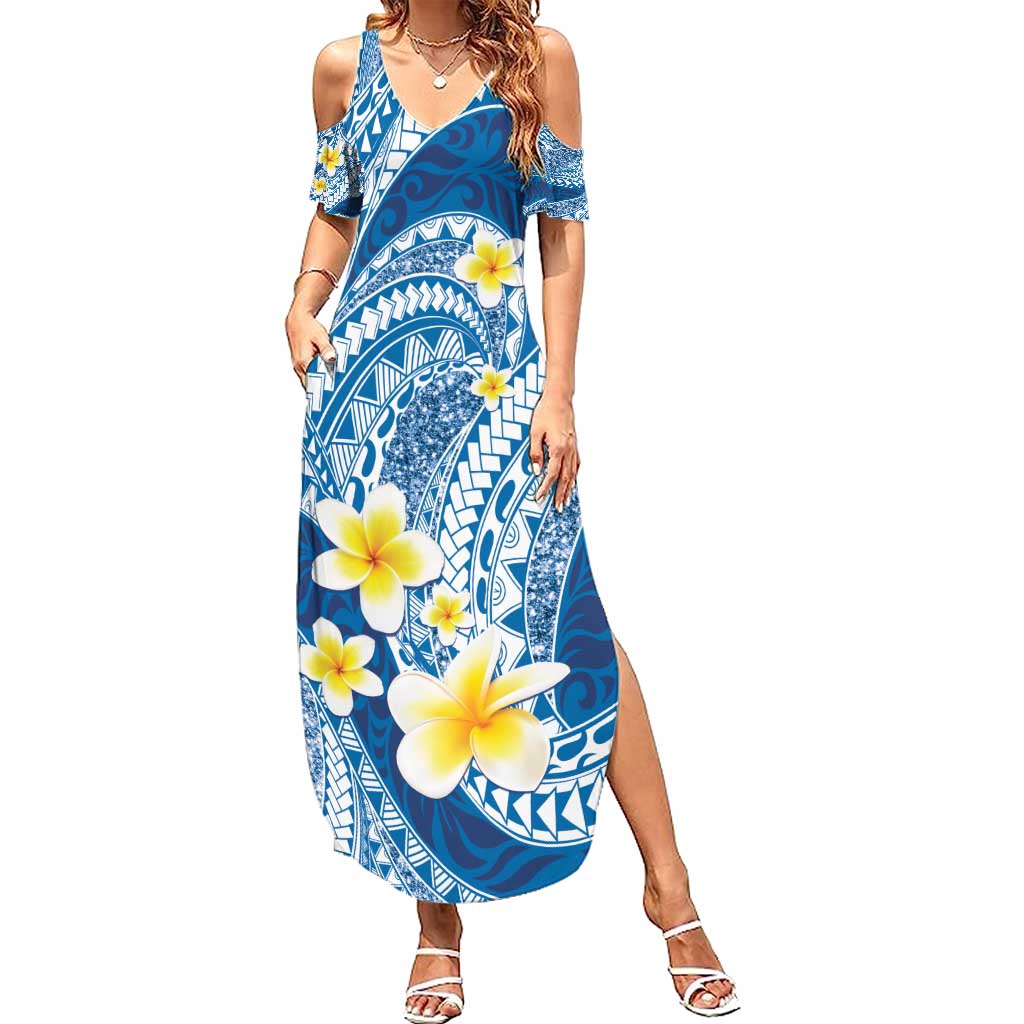 Plumeria Polynesian Blue Glitter Pattern Summer Maxi Dress