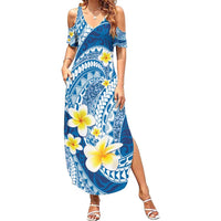 Plumeria Polynesian Blue Glitter Pattern Summer Maxi Dress