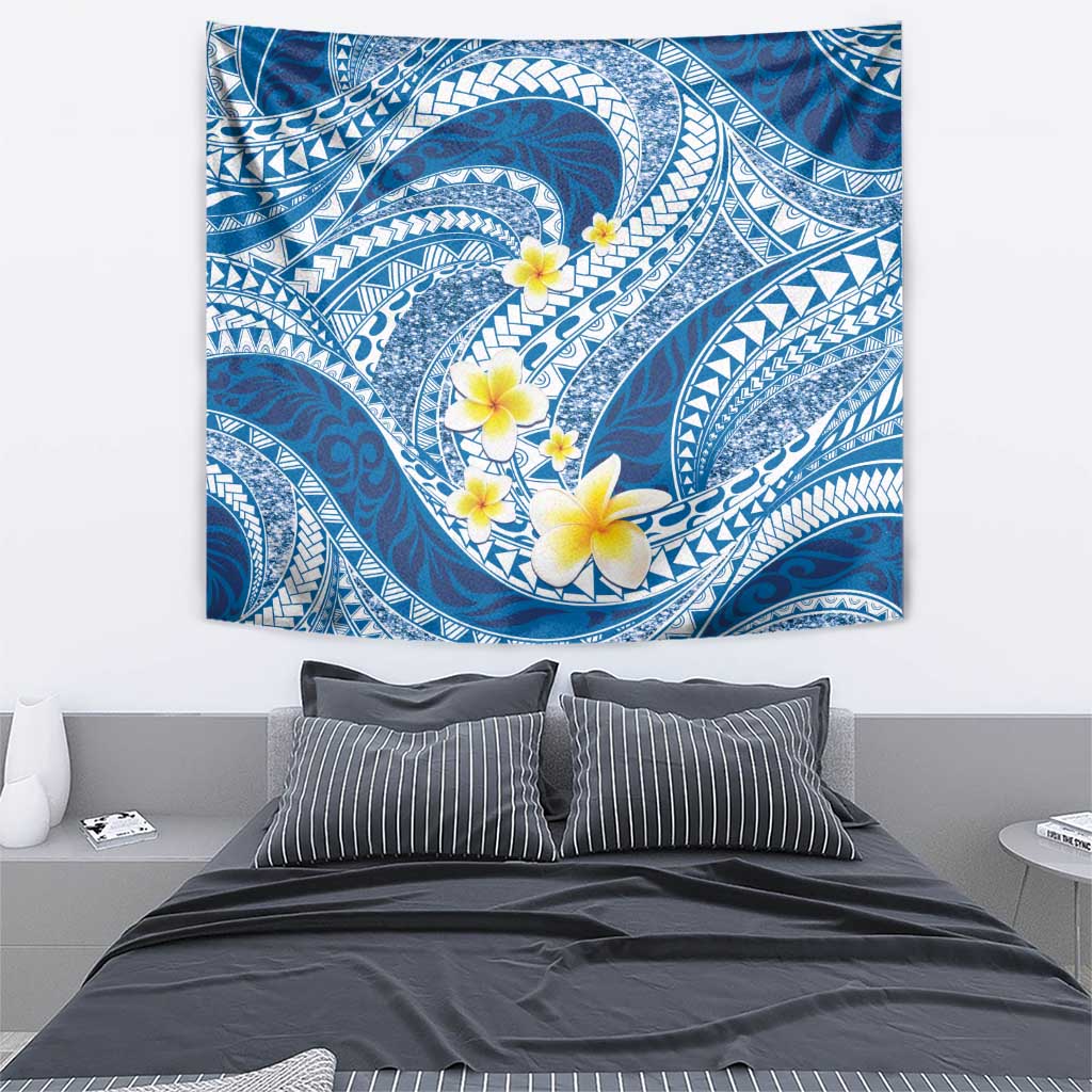 Plumeria Polynesian Blue Glitter Pattern Tapestry