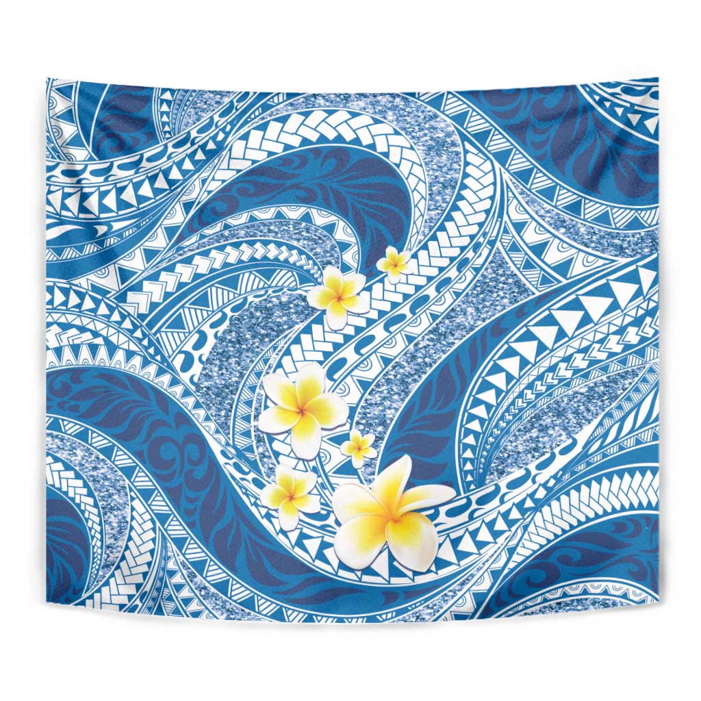 Plumeria Polynesian Blue Glitter Pattern Tapestry