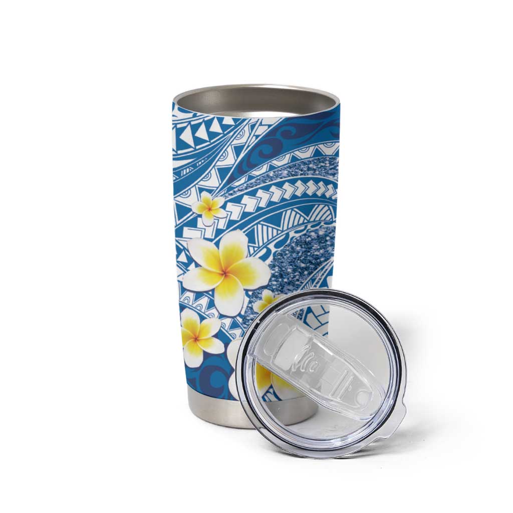 Plumeria Polynesian Blue Glitter Pattern Tumbler Cup