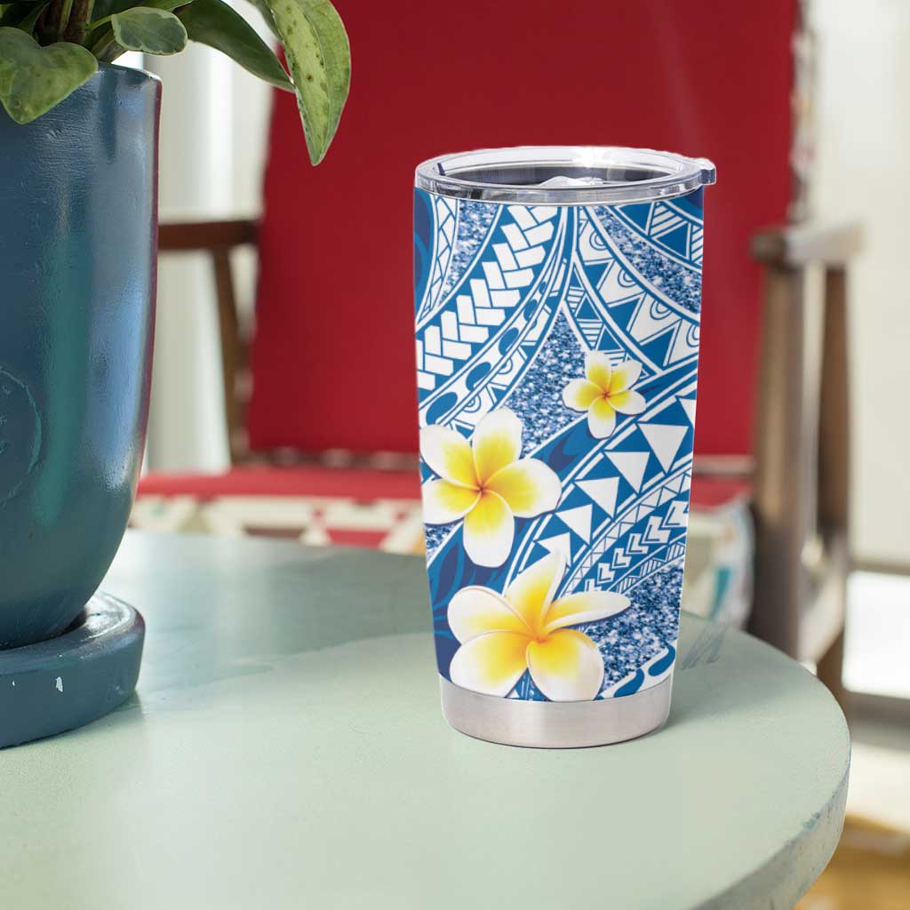 Plumeria Polynesian Blue Glitter Pattern Tumbler Cup