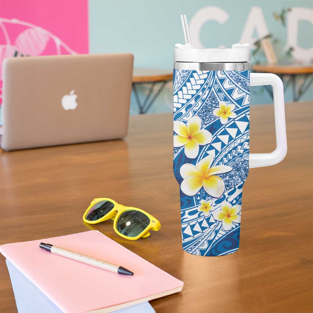 Plumeria Polynesian Blue Glitter Pattern Tumbler With Handle