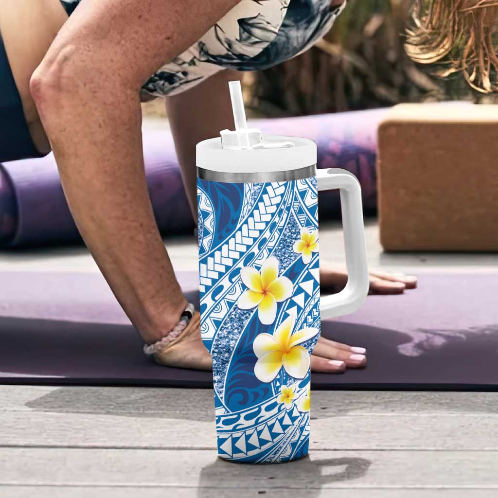 Plumeria Polynesian Blue Glitter Pattern Tumbler With Handle