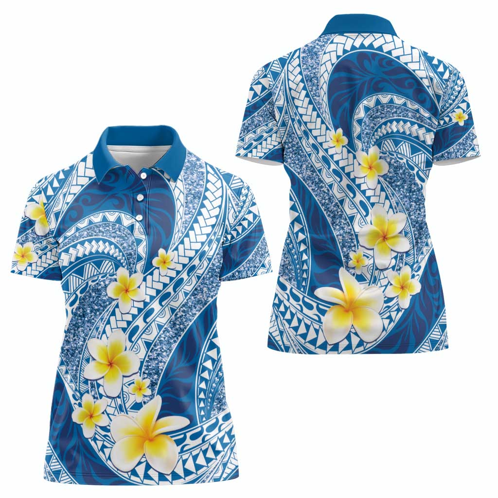 Plumeria Polynesian Blue Glitter Pattern Women Polo Shirt