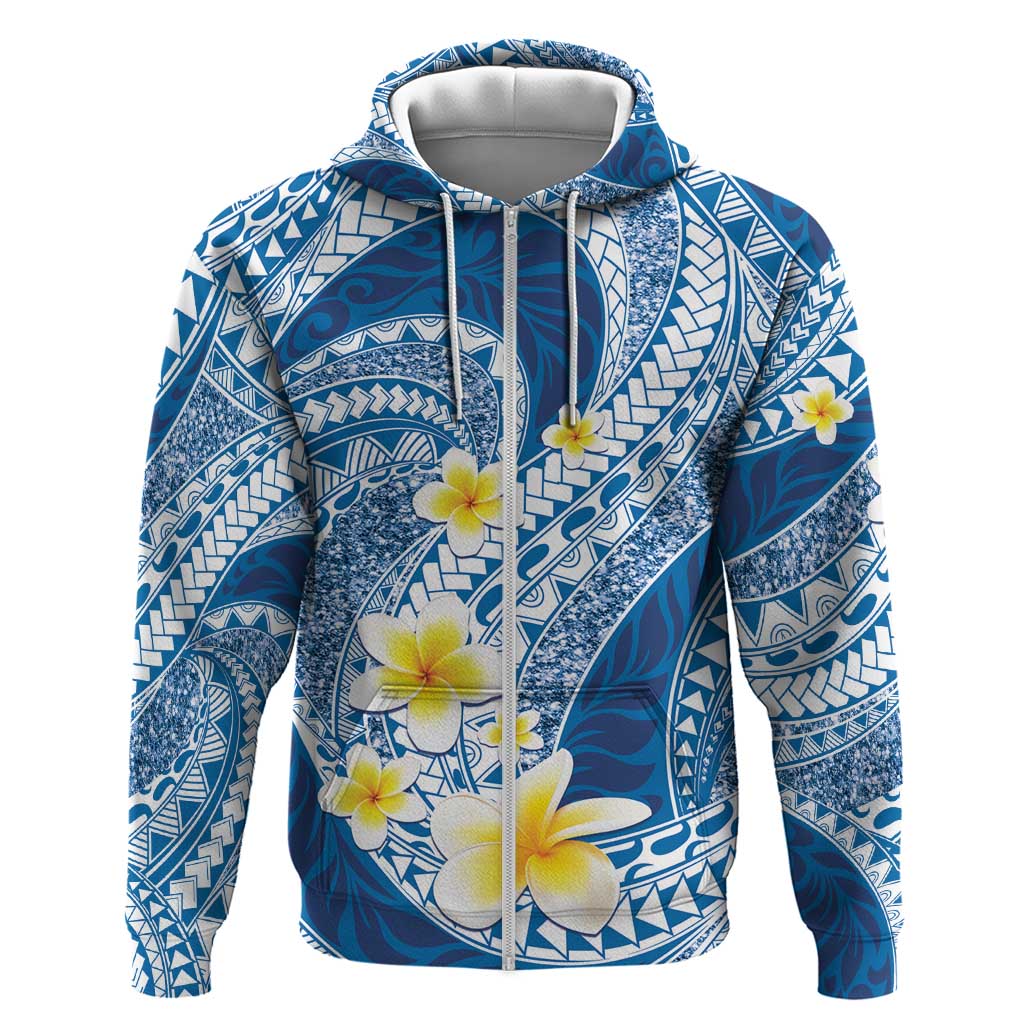 Plumeria Polynesian Blue Glitter Pattern Zip Hoodie