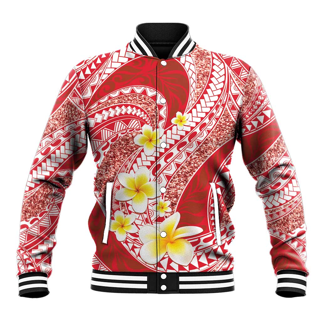 Plumeria Polynesian Coral Glitter Pattern Baseball Jacket