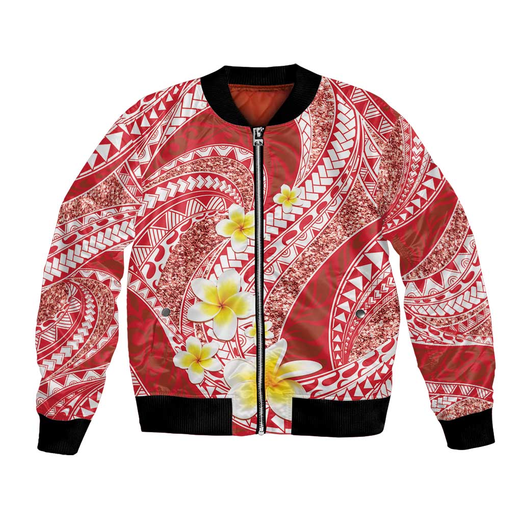 Plumeria Polynesian Coral Glitter Pattern Bomber Jacket LT01 Unisex Coral - Polynesian Pride
