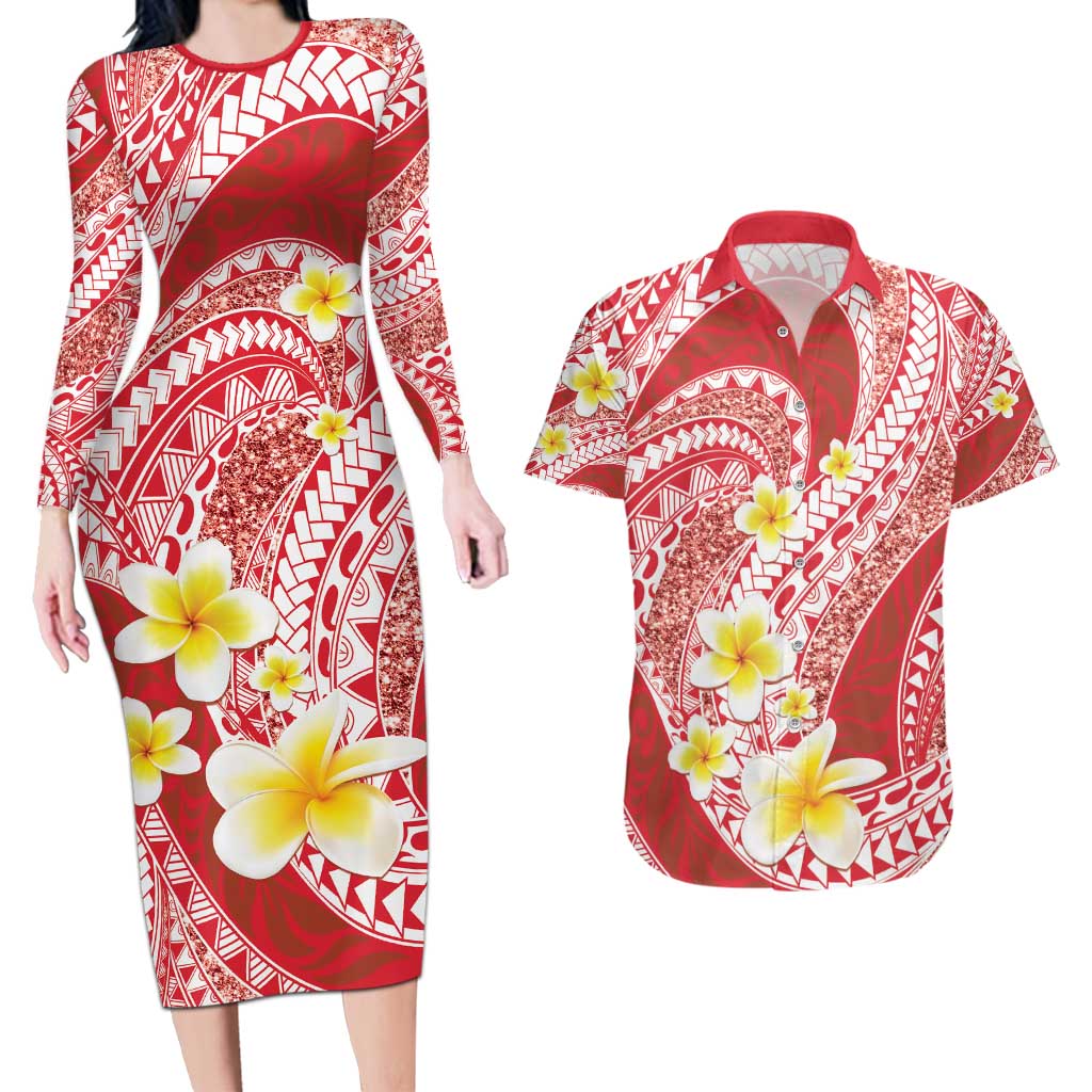 Plumeria Polynesian Coral Glitter Pattern Couples Matching Long Sleeve Bodycon Dress and Hawaiian Shirt