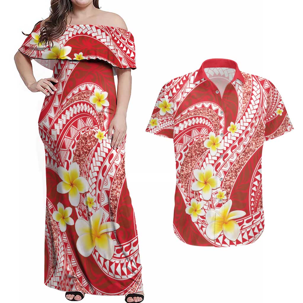 Plumeria Polynesian Coral Glitter Pattern Couples Matching Off Shoulder Maxi Dress and Hawaiian Shirt