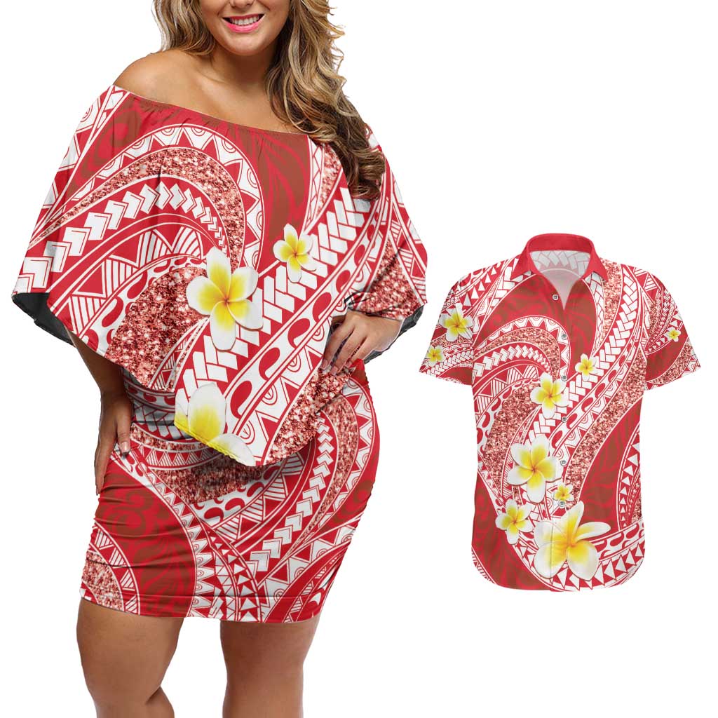 Plumeria Polynesian Coral Glitter Pattern Couples Matching Off Shoulder Short Dress and Hawaiian Shirt