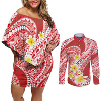Plumeria Polynesian Coral Glitter Pattern Couples Matching Off Shoulder Short Dress and Long Sleeve Button Shirt