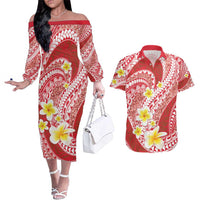 Plumeria Polynesian Coral Glitter Pattern Couples Matching Off The Shoulder Long Sleeve Dress and Hawaiian Shirt