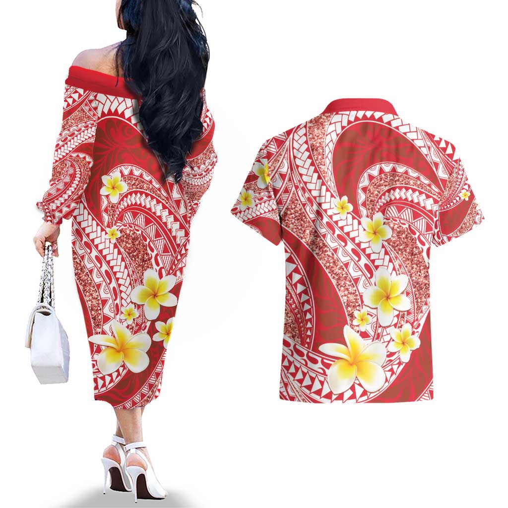 Plumeria Polynesian Coral Glitter Pattern Couples Matching Off The Shoulder Long Sleeve Dress and Hawaiian Shirt