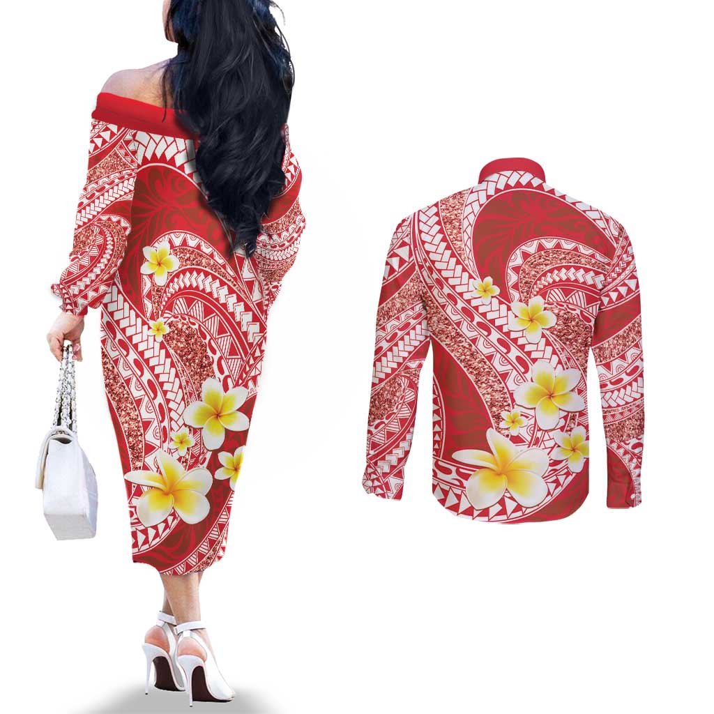 Plumeria Polynesian Coral Glitter Pattern Couples Matching Off The Shoulder Long Sleeve Dress and Long Sleeve Button Shirt