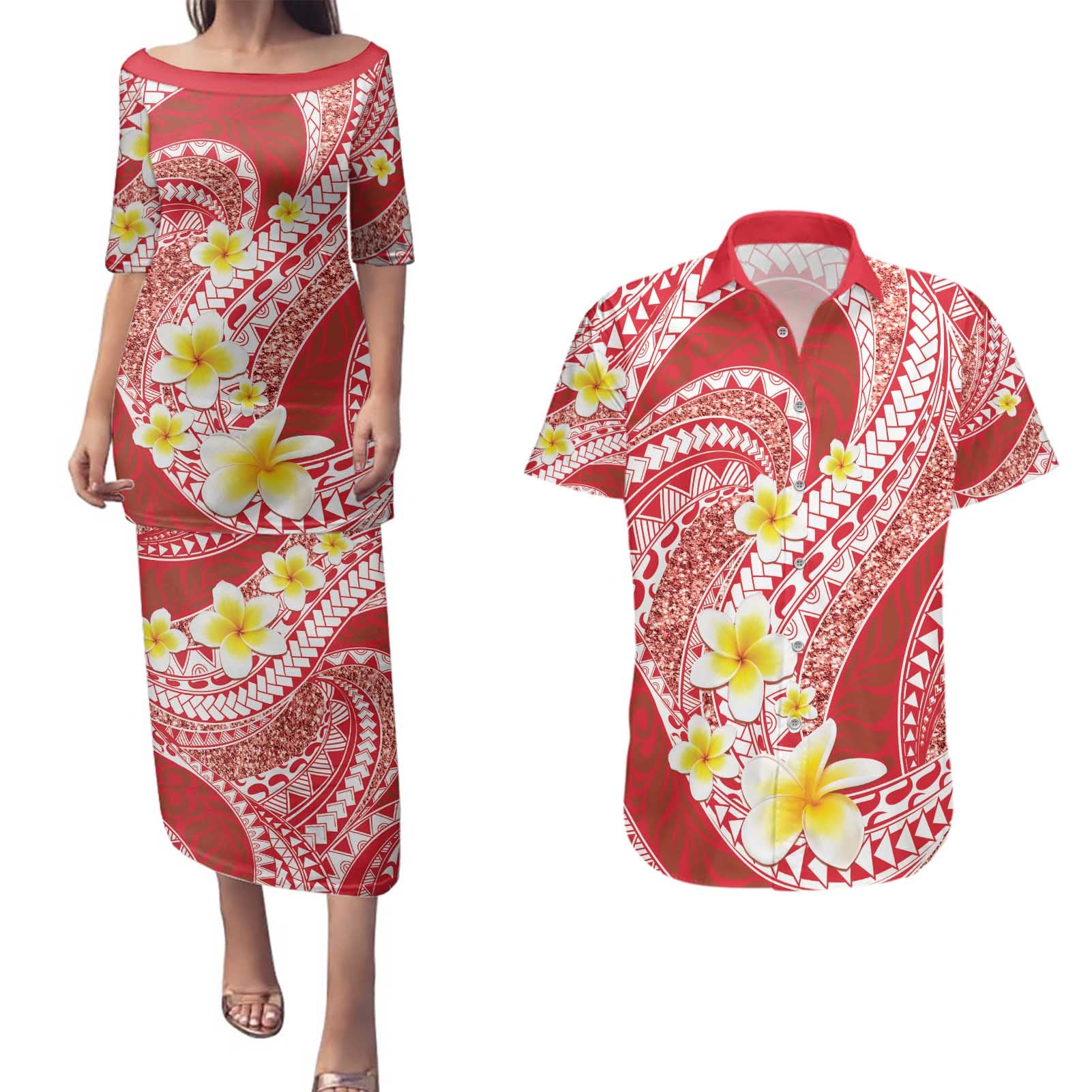 Plumeria Polynesian Coral Glitter Pattern Couples Matching Puletasi and Hawaiian Shirt