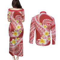 Plumeria Polynesian Coral Glitter Pattern Couples Matching Puletasi and Long Sleeve Button Shirt