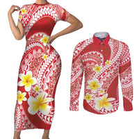 Plumeria Polynesian Coral Glitter Pattern Couples Matching Short Sleeve Bodycon Dress and Long Sleeve Button Shirt