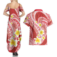 Plumeria Polynesian Coral Glitter Pattern Couples Matching Summer Maxi Dress and Hawaiian Shirt
