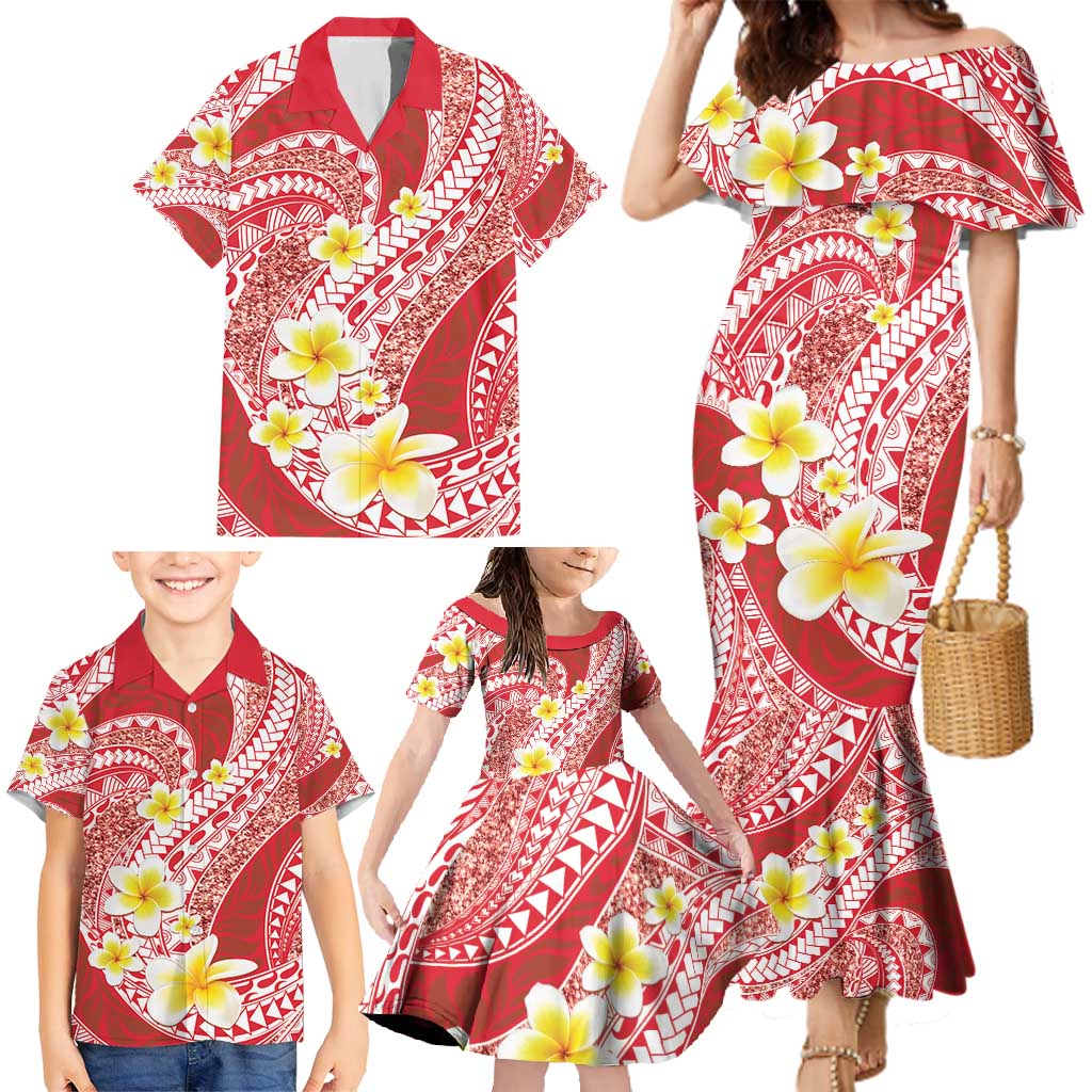 Plumeria Polynesian Coral Glitter Pattern Family Matching Mermaid Dress and Hawaiian Shirt