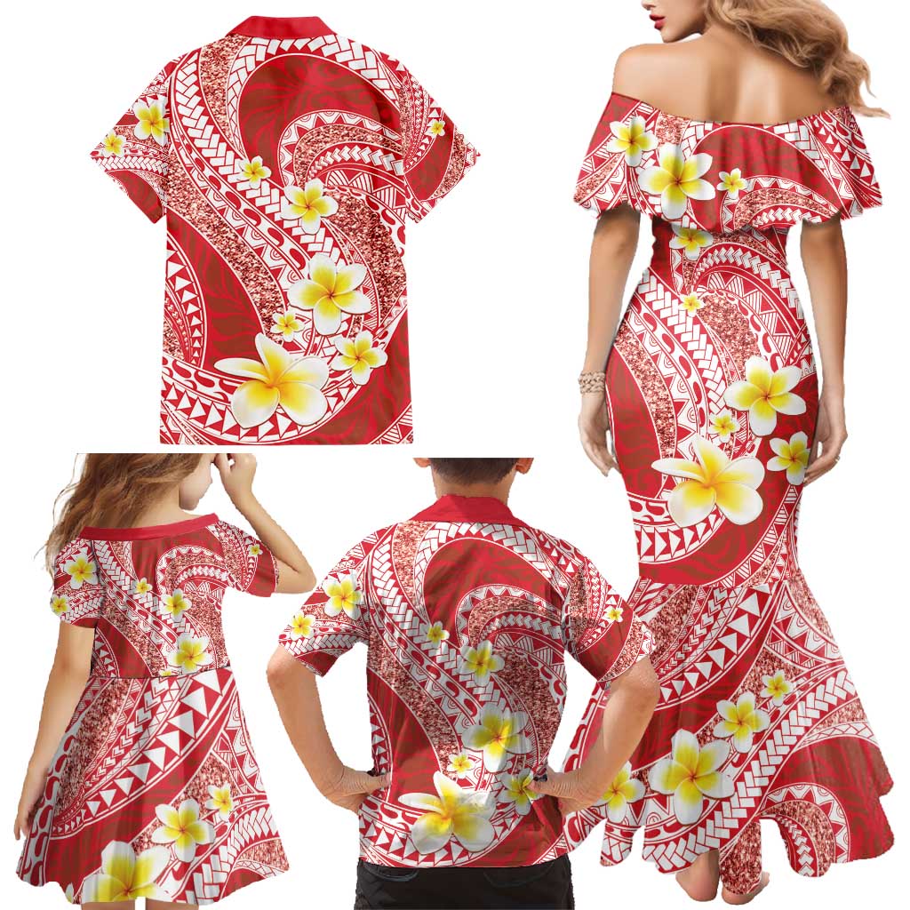 Plumeria Polynesian Coral Glitter Pattern Family Matching Mermaid Dress and Hawaiian Shirt