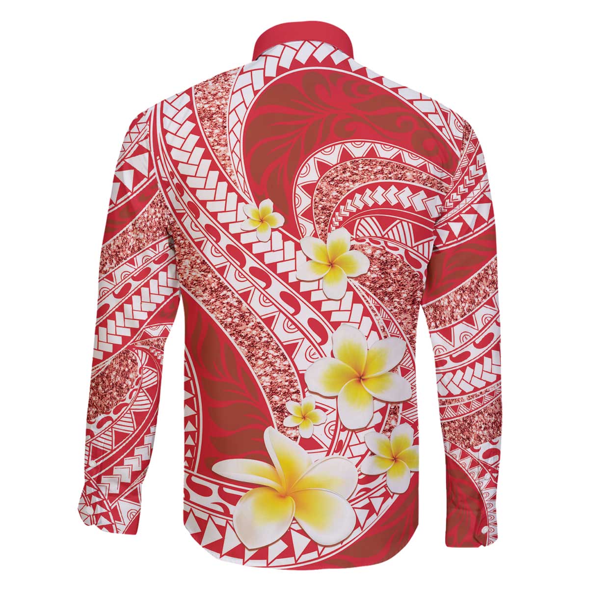 Plumeria Polynesian Coral Glitter Pattern Family Matching Off The Shoulder Long Sleeve Dress and Hawaiian Shirt