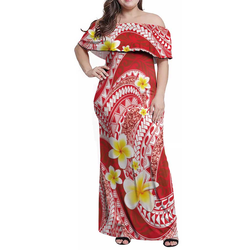 Plumeria Polynesian Coral Glitter Pattern Family Matching Off Shoulder Maxi Dress and Hawaiian Shirt