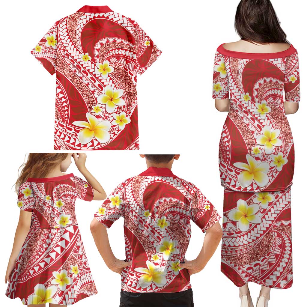 Plumeria Polynesian Coral Glitter Pattern Family Matching Puletasi and Hawaiian Shirt