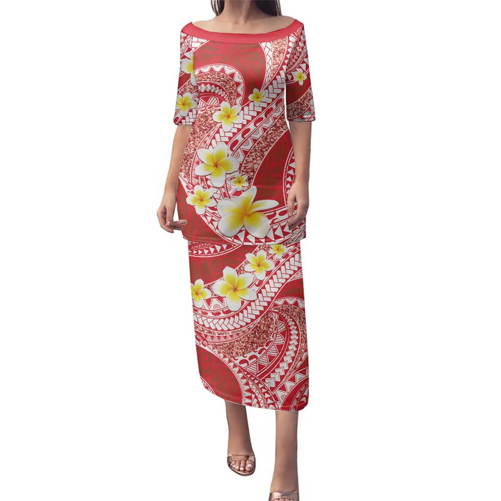 Plumeria Polynesian Coral Glitter Pattern Family Matching Puletasi and Hawaiian Shirt