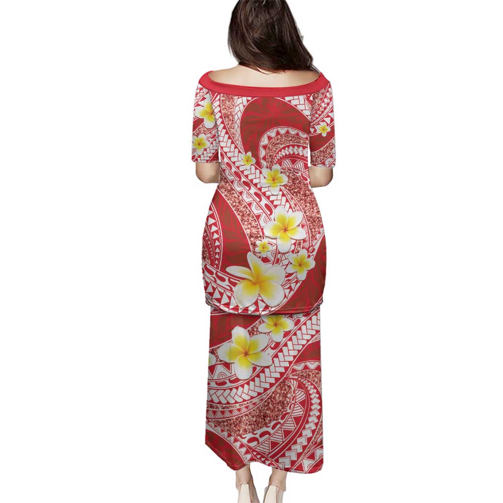 Plumeria Polynesian Coral Glitter Pattern Family Matching Puletasi and Hawaiian Shirt