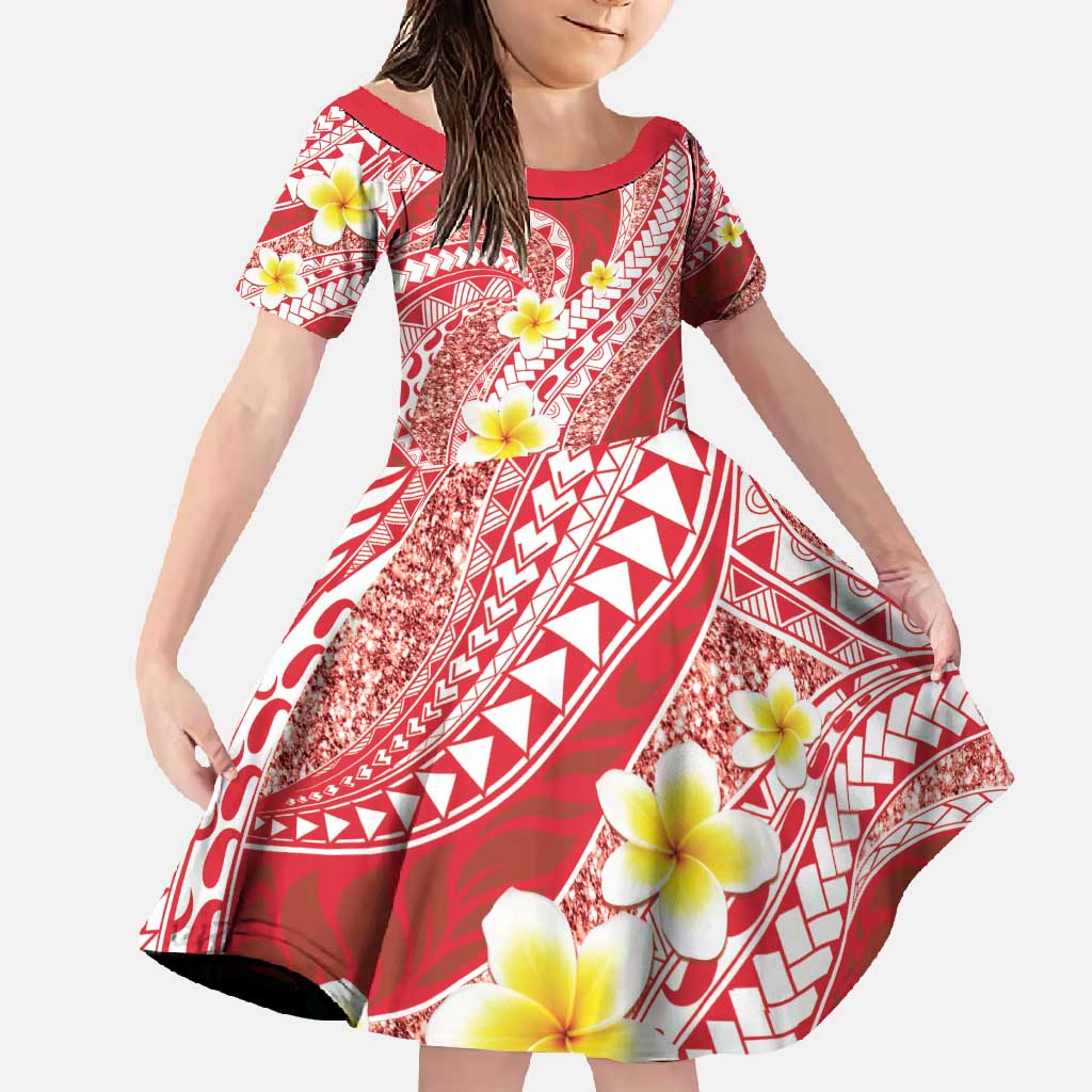 Plumeria Polynesian Coral Glitter Pattern Family Matching Short Sleeve Bodycon Dress and Hawaiian Shirt