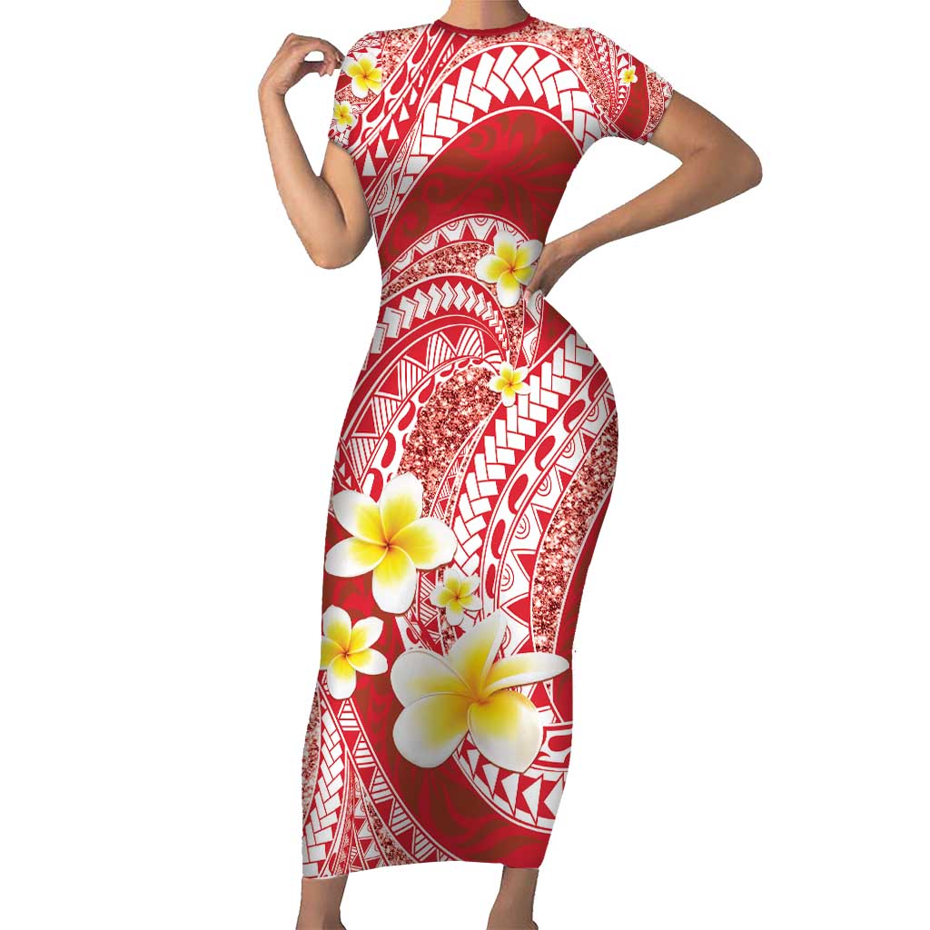 Plumeria Polynesian Coral Glitter Pattern Family Matching Short Sleeve Bodycon Dress and Hawaiian Shirt