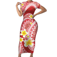 Plumeria Polynesian Coral Glitter Pattern Family Matching Short Sleeve Bodycon Dress and Hawaiian Shirt