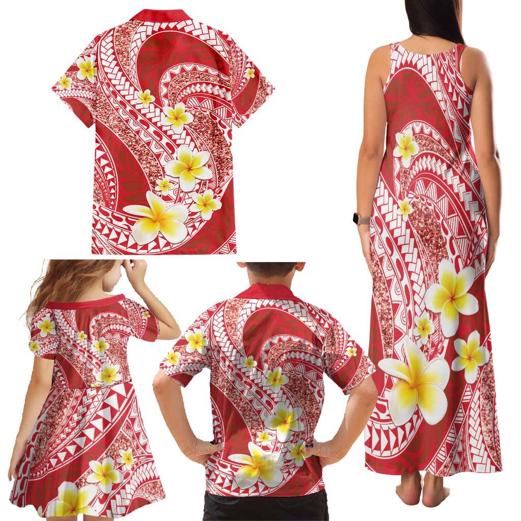 Plumeria Polynesian Coral Glitter Pattern Family Matching Tank Maxi Dress and Hawaiian Shirt