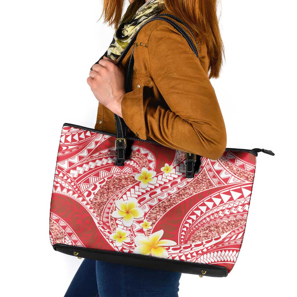 Plumeria Polynesian Coral Glitter Pattern Leather Tote Bag