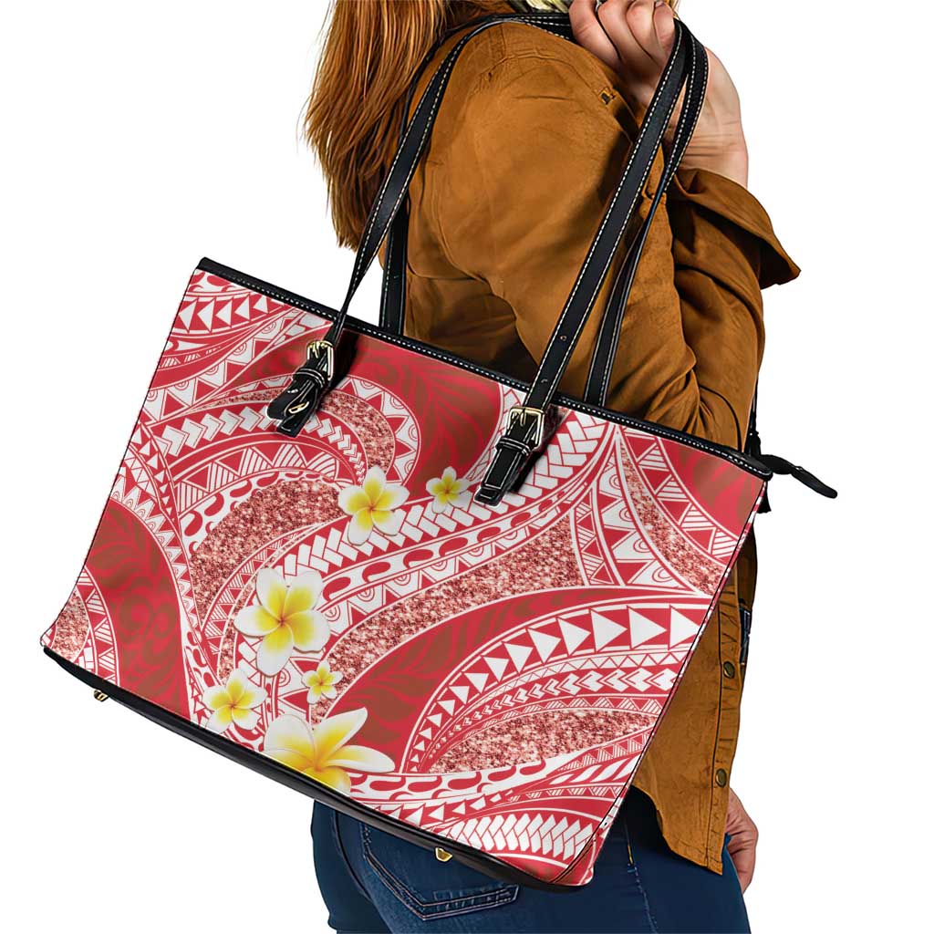 Plumeria Polynesian Coral Glitter Pattern Leather Tote Bag
