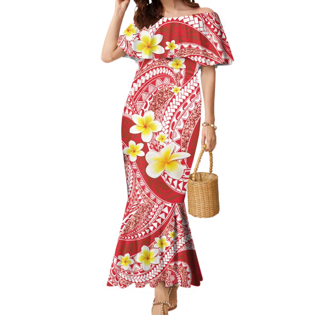Plumeria Polynesian Coral Glitter Pattern Mermaid Dress LT01 Women Coral - Polynesian Pride