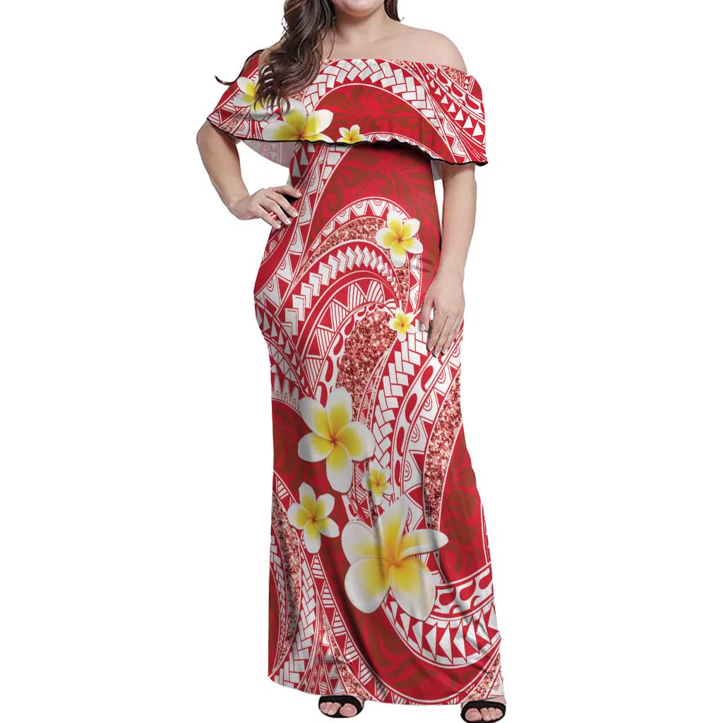 Plumeria Polynesian Coral Glitter Pattern Off Shoulder Maxi Dress LT01 Women Coral - Polynesian Pride