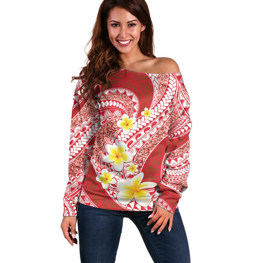 Plumeria Polynesian Coral Glitter Pattern Off Shoulder Sweater