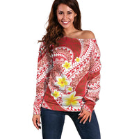 Plumeria Polynesian Coral Glitter Pattern Off Shoulder Sweater