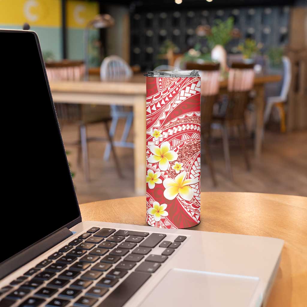 Plumeria Polynesian Coral Glitter Pattern Skinny Tumbler
