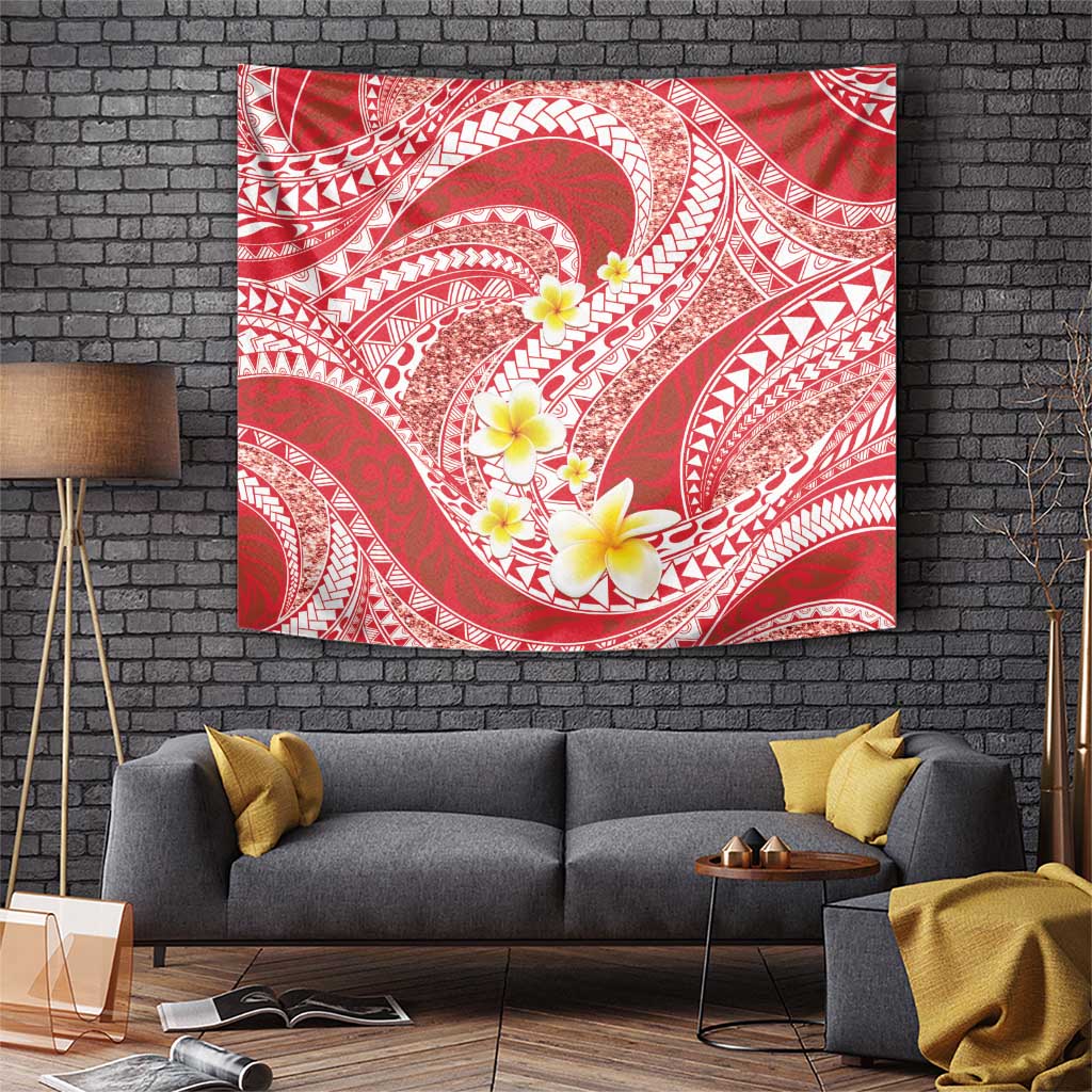 Plumeria Polynesian Coral Glitter Pattern Tapestry