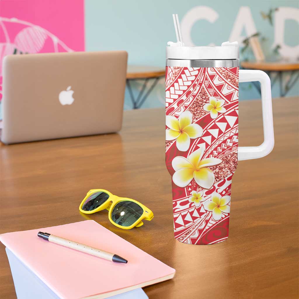 Plumeria Polynesian Coral Glitter Pattern Tumbler With Handle