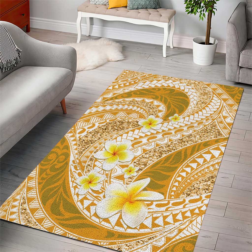Plumeria Polynesian Gold Glitter Pattern Area Rug